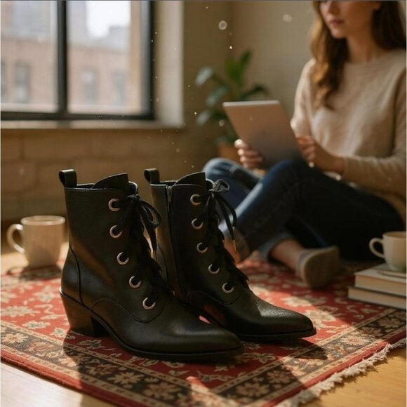 Widow Witchy Ways Ankle Boots – Vegan Leather Lace-Up Pointed Toe Heels 7NWT